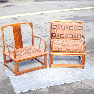 Pair of Marge Carson Bentwood Asian Meditation Chairs with Pillows / Cushions - 2 Marge Carson Wide Wood Chairs with Upholstered Cushions 