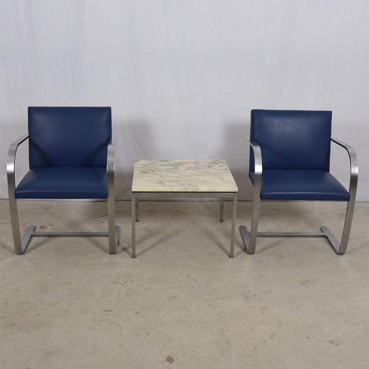 Knoll Living Set  Pair of Blue Upholstered Brno Chairs + Marble Top Square Accent Table