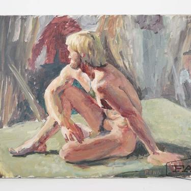 Sitting Nude Male on Canvas, Signed Penn