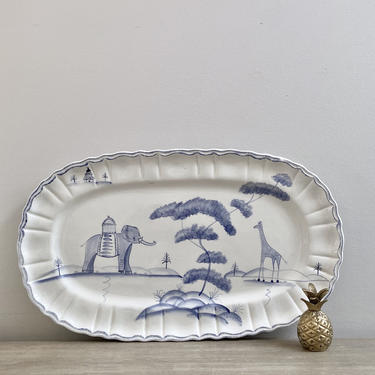 21&amp;quot; Blue White Platter Large Oblong Elephant Landscape Ceramic Tray 
