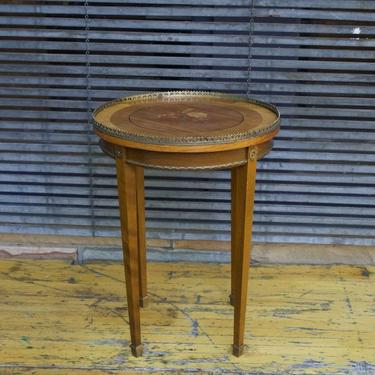 Antique Vintage Mid-Century Round Side Table Floral Inlay Brass Edging Cabinmodern Eclectic Boho Shabby Chic Empire 