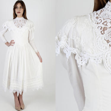 Jessica McClintock White Wedding Dress / Gunne Sax Victorian Bridal Gown / Solid Color Lace Dress / Vintage 80s Deco Cotton Midi Maxi Dress by americanarchive