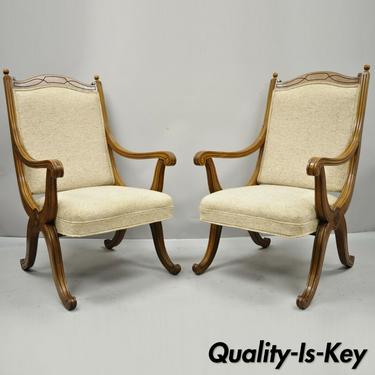 Pair Vtg Hollywood Regency Curule Savonarola Upholstered Back X-Frame Arm Chairs
