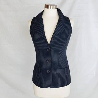 Vintage 90s Navy Pinstripe Button-Up Vest // Suit Collar Formal Pockets 