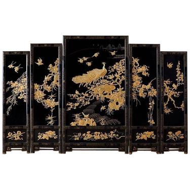 Chinese Lacquer Gilt Five Panel Peacock Screen by ErinLaneEstate