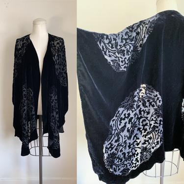 Vintage 1990s Black Silk Velvet Burtout Kimono / one size fit all 
