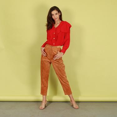 80s Brown Caramel Suede Trousers Vintage Leather Cigarette Skinny Pants 