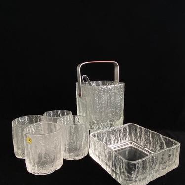 Vintage Mid Century Modern 70s HOYA Textured Ice Art Glass &amp; Stainless Steel and Leather Barware Set Ice Bucket / Bowl / 4 Drinking Glasses 