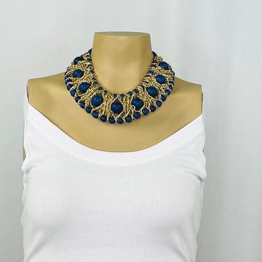 Vintage 1980s Blue and Gold Beaded Bib Necklace 