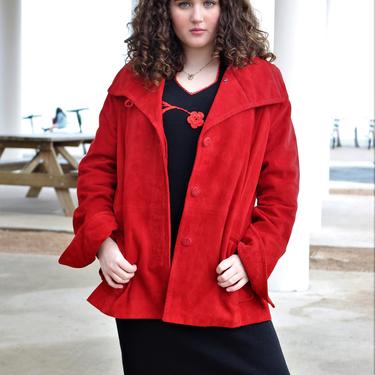 Vintage 1990s Jean Louis Scherrer Red Suede Jacket, Leather Peacoat, Size 40 Women 
