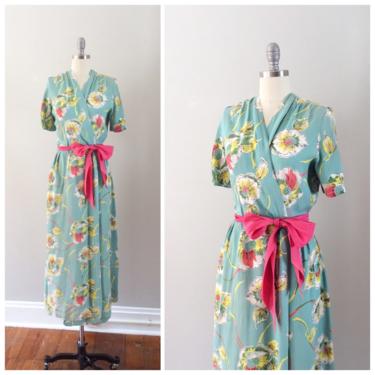40s Blue Floral Rayon Wrap Dress / 1940s Vintage Dressing Gown Robe / Medium to Large 