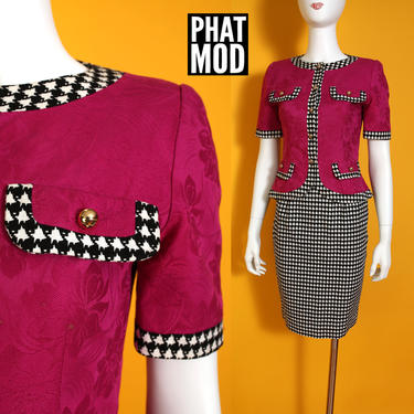 Smart Vintage 80s 90s Magenta Pink &amp; Black White Houndstooth 2-Piece Skirt Suit 