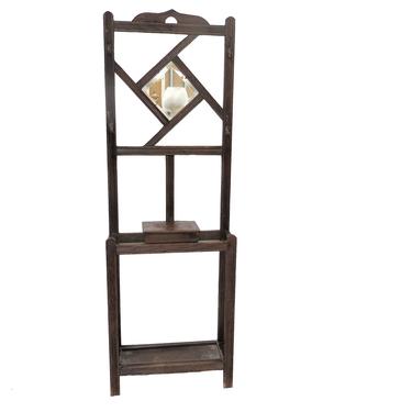 Wood Hall Tree | Antique English Hall Tree and Umbrella Stand With Beveled Mirror, Storage Box and Drip Pan 