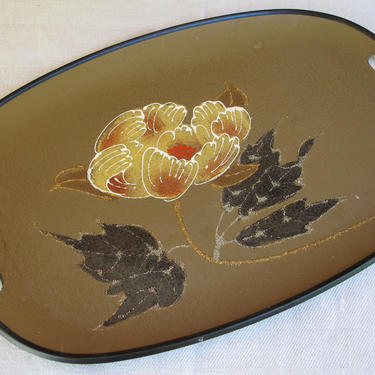 Fall Decor Japan Serving Tray Tilso 1960s  1970s Retro Japanese Display Tray Mid Century Decorative Tray Bamboo Handles Flowers Leaves Brown 