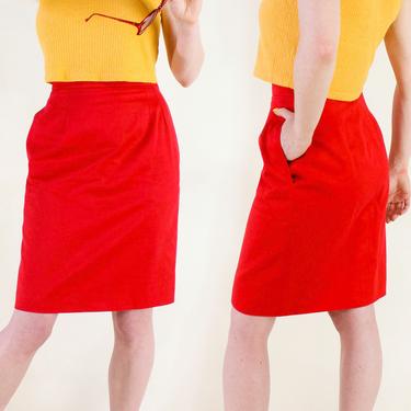 Red Pencil Skirt // Vintage Yves Saint Laurent Retro Mod High Waist Pockets Cotton French Bright Skirt 90s 80s 70s Rive Gauche 