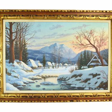 Leopold Swider Winter Landscape Painting Snow Covered Cottages Polish Artist 