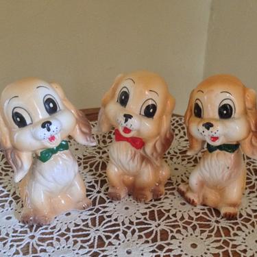 Vintage Set of (3)  Commodore Dog Salt and Pepper Shakers- Noise Makers -Spaniel 