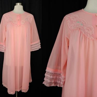 Vintage 60s Shadowline Pink Nylon Babydoll Robe - Sixties Pink Sheer Lace Lingerie Robe - Medium 