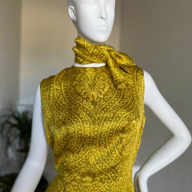 1960s Amazing Silk Block Print Resort Dress Yellow Henri Bendel Dress + Scarf Set MCM 