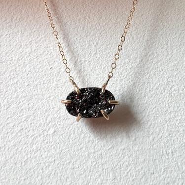 Black Oval Druzy Prong Pendant in 14k Goldfill Handmade Choker Necklace 