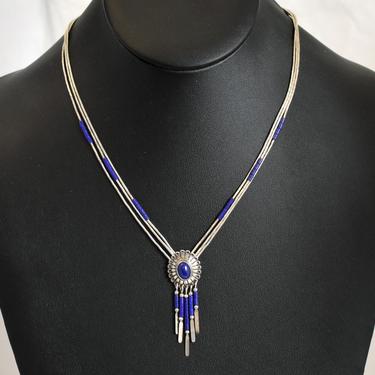 70's liquid silver Southwestern 3 strand necklace, 925 sterling sodalite cab &amp; tubes floral shield paddle fringe affixed tribal pendant 