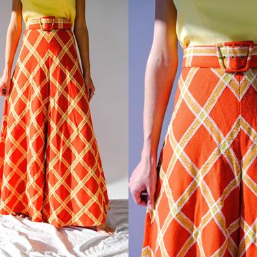 Vintage 60s Beverly Paige Fire Orange Plaid High Waisted Elephant Flare Leg Pants w/ Matching Belt | Made in USA | 1960s Designer Mod Pants 