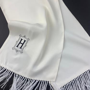 Men's 1940'S Dress Scarf - Creamy White Rayon - Monogramed "H" Embroidered on Scarf - Old Hollywood Style - Tuxedo Scarf 