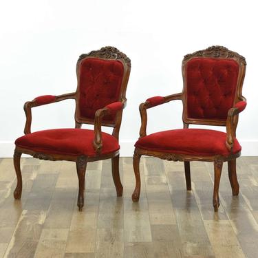 Pair Carved Victorian Red Velour Tufted Back Armchairs 