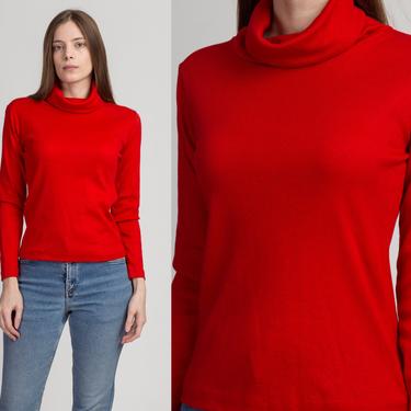70s Red Turtleneck Top - Medium | Vintage Plain Long Sleeve Stretchy Shirt 