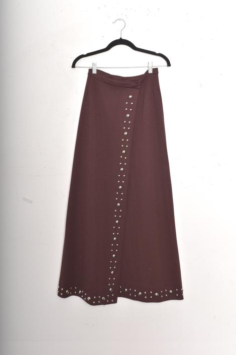 70s Brown Wool Knit Studded Maxi Skirt (Small/Med)