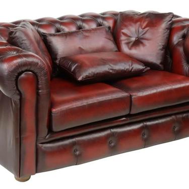 Sofa, Chesterfield, English Oxblood Leather, Two-Seat, Button-Tufted, 1900's!