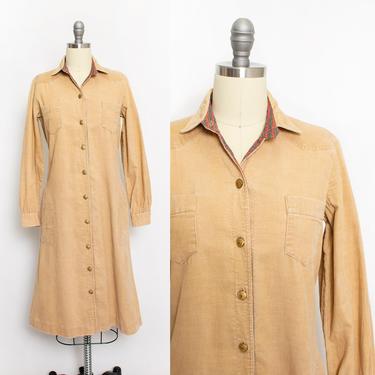 Vintage 1970s LANZ Dress - Beige Corduroy Shirt Front Day Dress 70s - Small S 