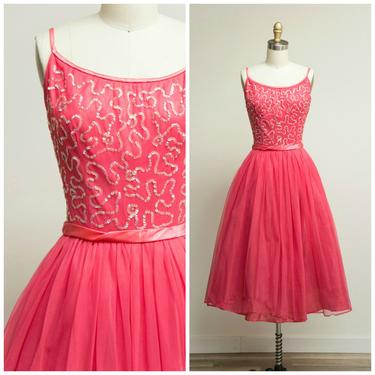 Vintage 1950s Dress • Annette • Electric Pink Chiffon 50s Party Dress Sequin Bodice Size Small 