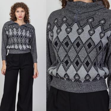 70s 80s Cropped Grey Argyle Sweater - Medium | Vintage Lightweight Slouchy Quarter Zip Pullover 