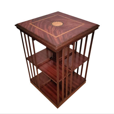 Antique English Edwardian Period Flame Mahogany Inlaid Marquetry Revolving Bookcase /  Rotating Library Book Stand Cabinet - 19th/20th C. 