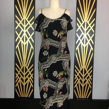 1990s slip dress, bias cut rayon, vintage sundress, black floral, medium, flutter sleeves, paradise ny, novelty print, lace and roses, 27 28 