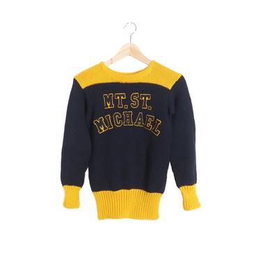 Vintage Mt St Michael Wool Hand Knit Varsity Sweater Size XS 