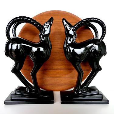 Mid Century Modern Ceramic Ibex Sculpture By Fitz And Floyd, Art Deco Black Ceramic Gazelle Statue - 2 Available 