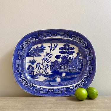 Vintage 15&amp;quot; Blue Willow Serving Tray Platter 1920's Willow Ware 