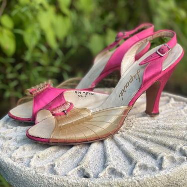 1950s size 9 pink silk shoes / vintage 50s silk plastic peep toe slingback high heels 9 M 