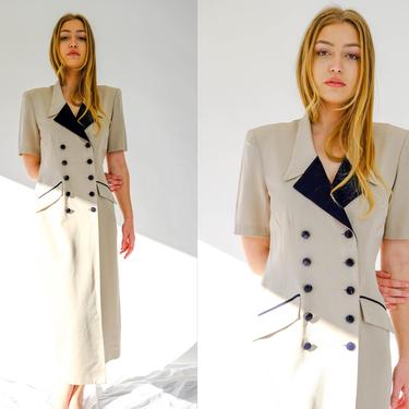 Vintage 80s Danny & Nicole New York Champagne w/ Black Double Breasted Blazer Dress w/ Art Deco Buttons | Made in USA | 1980s Designer Dress 
