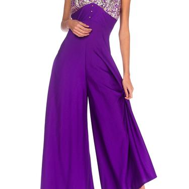 1960S Purple Polyester Jersey Palazzo Pant Jumpsuit With Silver Lurex Bodice 