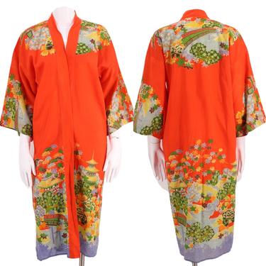 30s JAPAN kimono wool challis print robe / vintage 1930s export KIMONO in tangerine cherry blossom theme 20s 