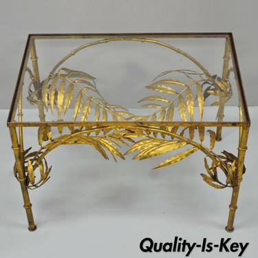 Italian Hollywood Regency Gold Gilt Metal Palm Leaf Iron Glass Coffee Side Table