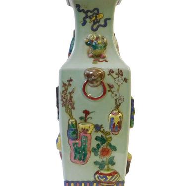 Chinese Light Green Dimensional Color Graphic Square Porcelain Vase cs1430E 