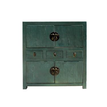 Chinese Distressed Gray Blue Lacquer Tall Credenza Storage Cabinet cs5913E 