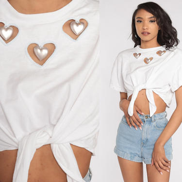 Heart Crop Top Cutout Blouse White Cropped Tshirt 90s Crop Top Tie Waist Beaded Vintage 1990s T Shirt Cut Out Tee Short Sleeve Medium Large 
