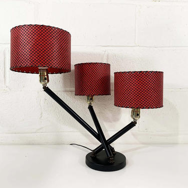 Vintage Triple Table Lamp Red Light Lampshade Decor MCM Mad Men Mid-Century 1960s 60s Accent Lighting Atomic Fiberglass Fiber Glass Shades 