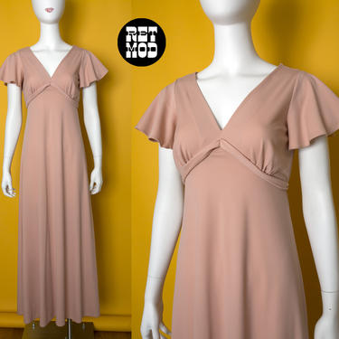 Pretty Vintage 70s Dusty Taupe Pink Maxi Dress with Flutter Sleeves 