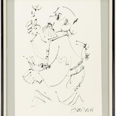 Framed Jovan Obican Signed 'Bird in Hand' Mid Century Art - mcm 